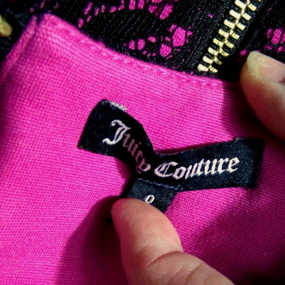 JUICY COUTURE Stretch knit Tulip retro Dress sz 0 Hot Pink Black Lace scoop neck - Picture 9 of 9